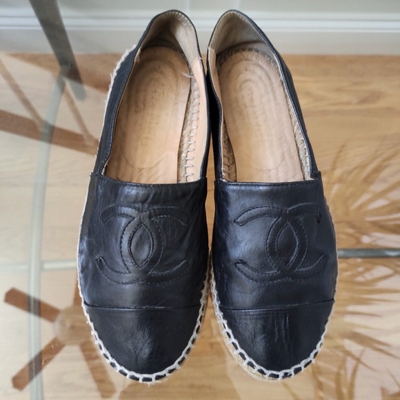CHANEL Black Leather Espadrilles